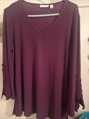 Susan Graver Deep Plum V-Neck Long Sleeve Top with Lace Cuffs